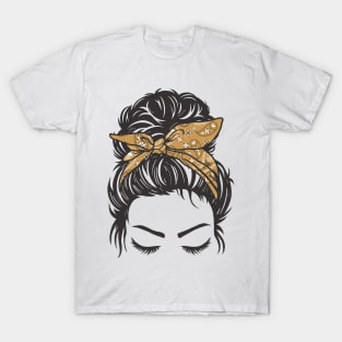 Messy Bun Girl Brown Paisley Bandana T-Shirt